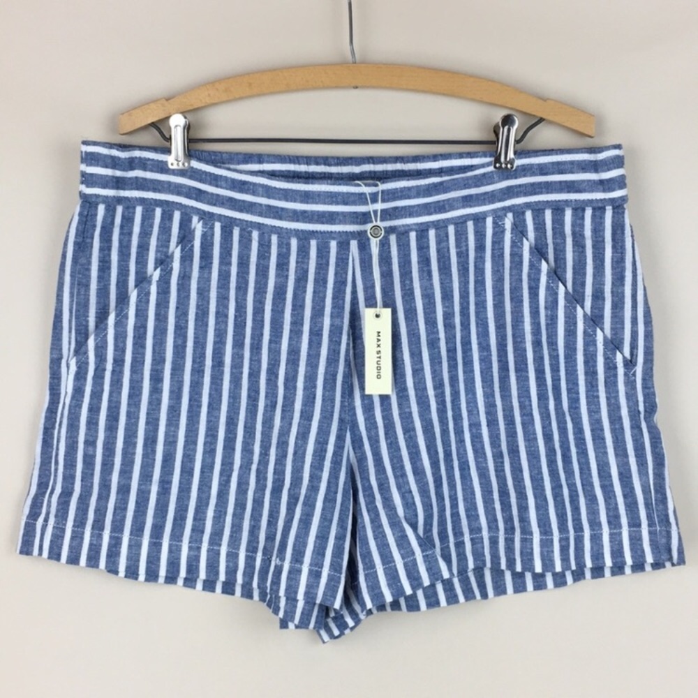 Max Studio Linen Shorts Blue White Striped NWT